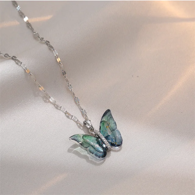 Vibrant Blue Silver Winged Beauty Necklace Salty