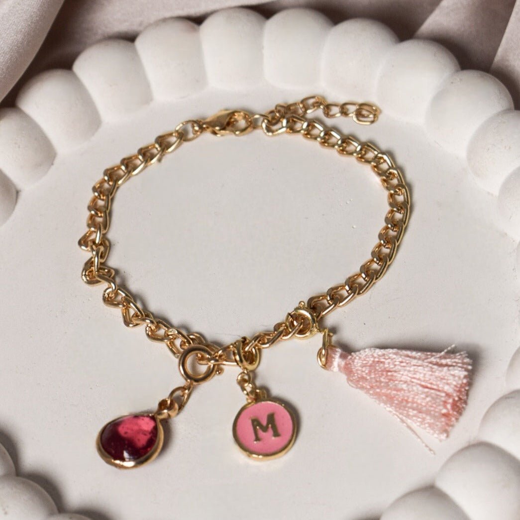 Salty Personalised Charm Bracelet With Pink Alphabet , Tassel and Gemstone Salty