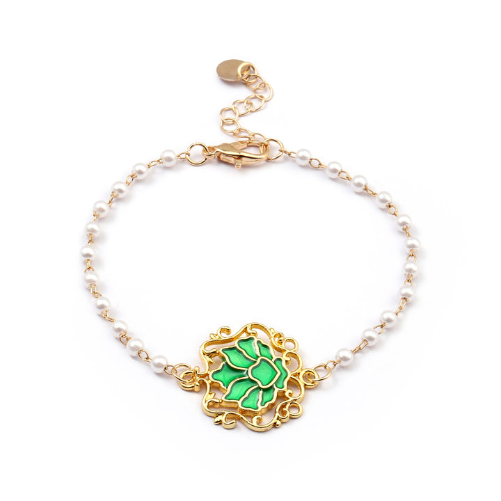 Serenity Lotus Green Charm Gold Bracelet