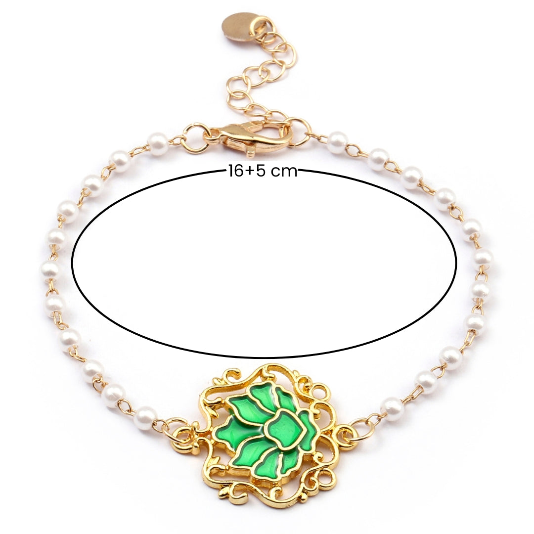Serenity Lotus Green Charm Gold Bracelet