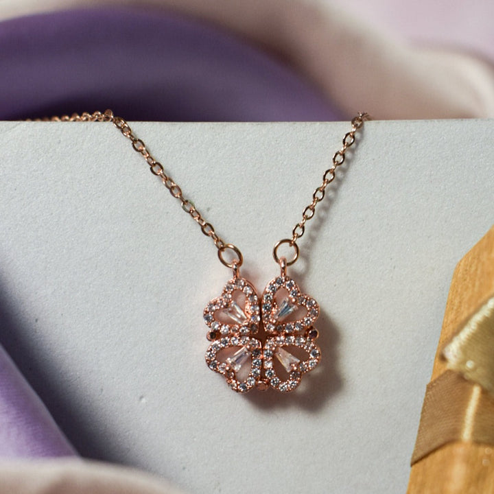 Hyacinth 4-pcs Zircon Heart Magnetic Clover Necklace - Rose Gold Salty