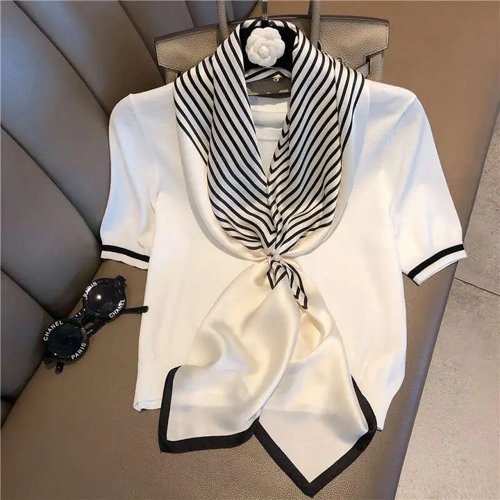 White Black Striped Luxury Silk Stole
