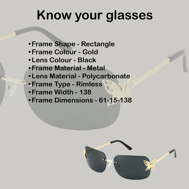 Butterfly Accent UV400 Protection Rimless Sunglasses - Black