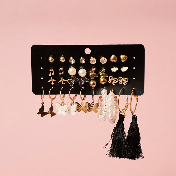 Set of 17 Bohemian Long Tassel Drop Statement Earrings and Studs Salty