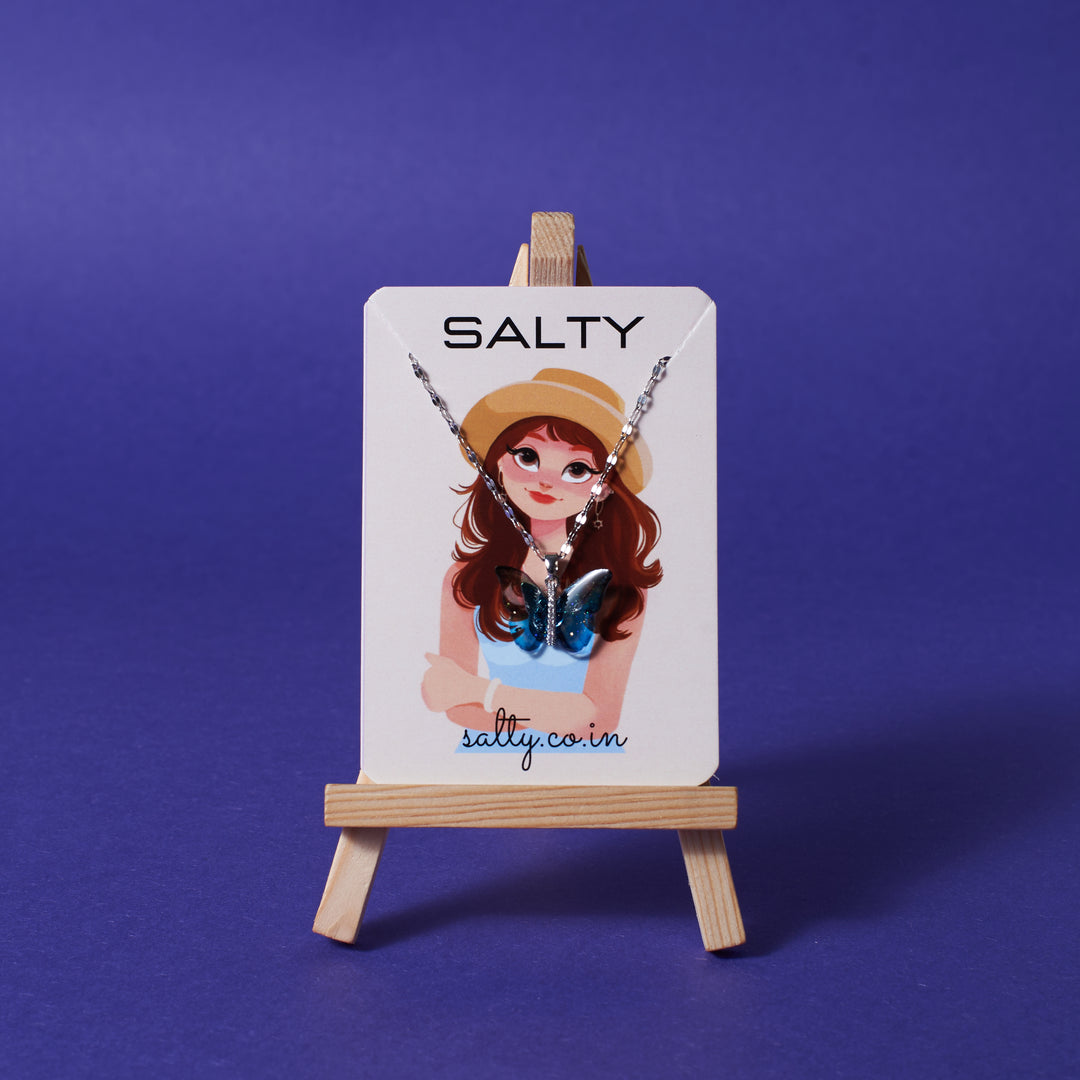 Vibrant Blue Silver Winged Beauty Necklace Salty