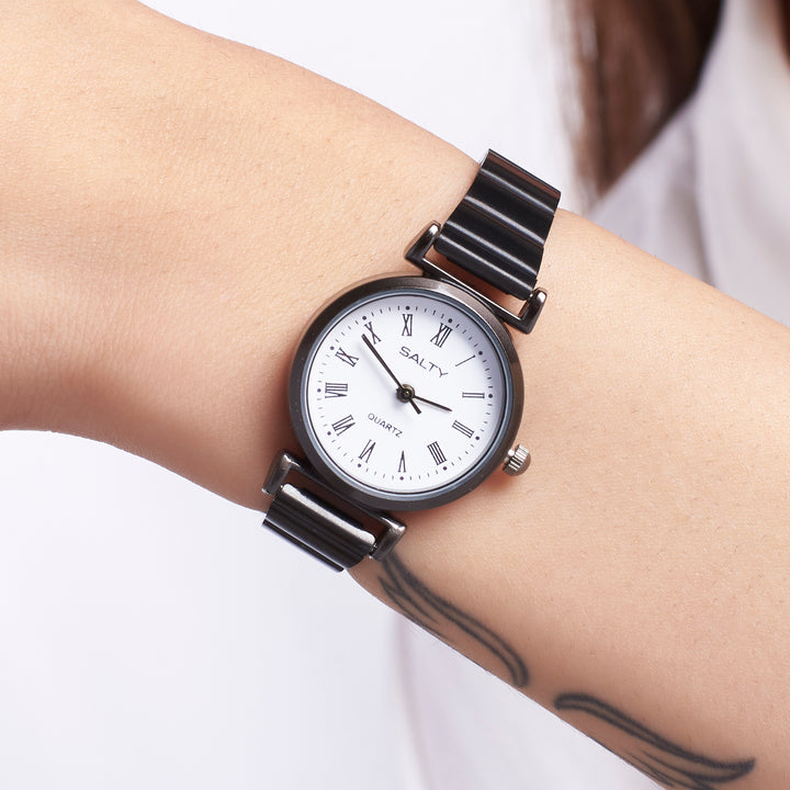 White Dial Round Classic Black Ladies Watch