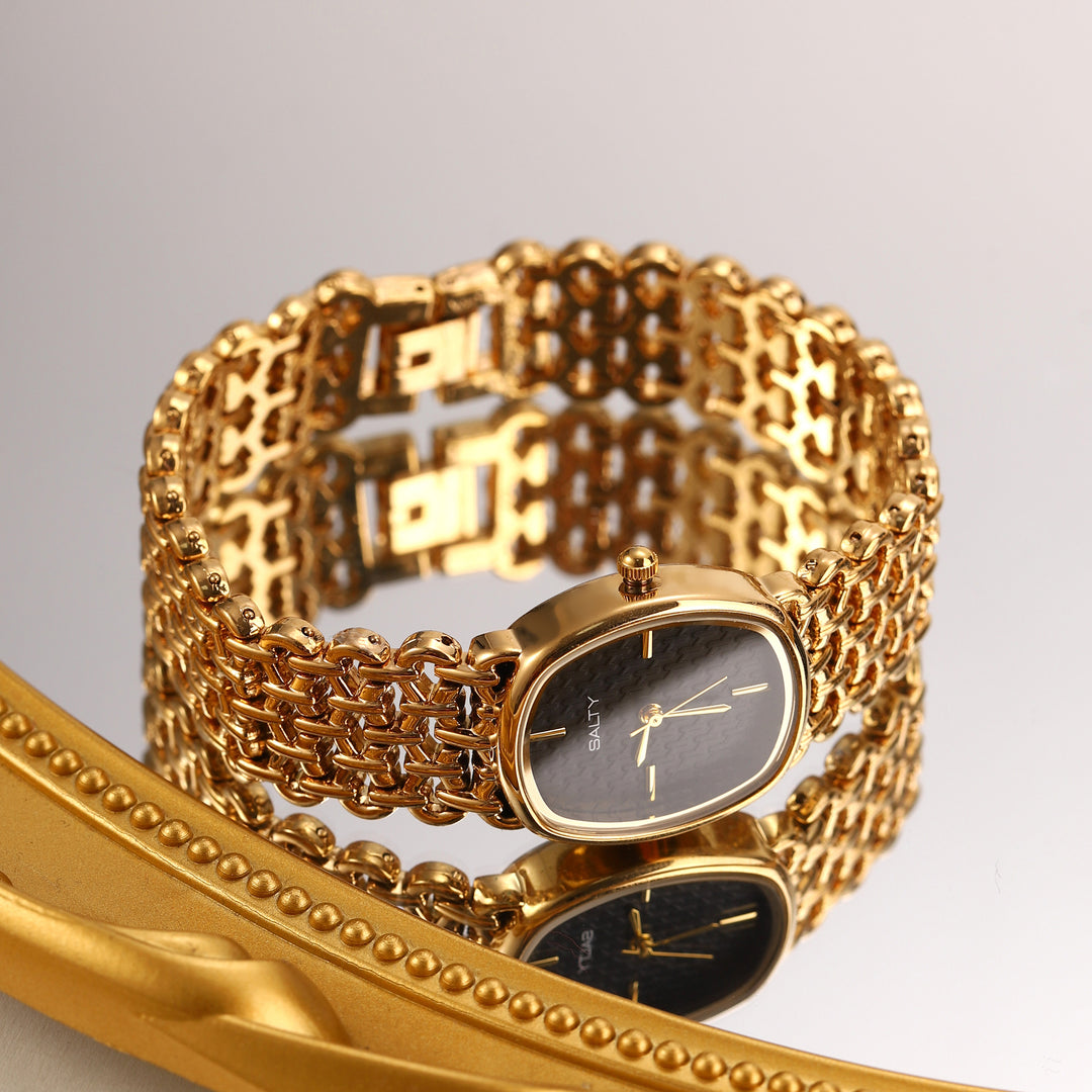 Oval Black Textured Dial Mesh Bracelet Watch for Women