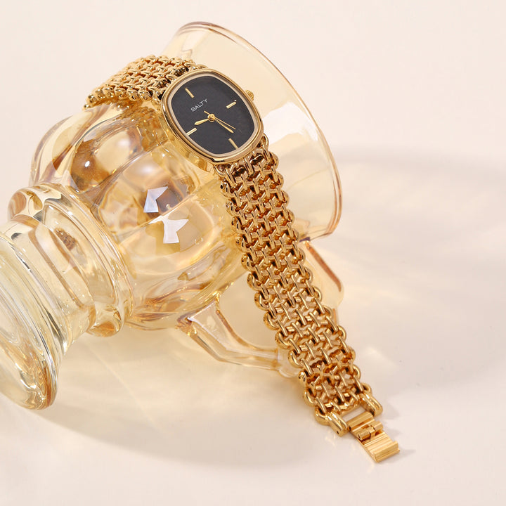 Oval Black Textured Dial Mesh Bracelet Watch for Women