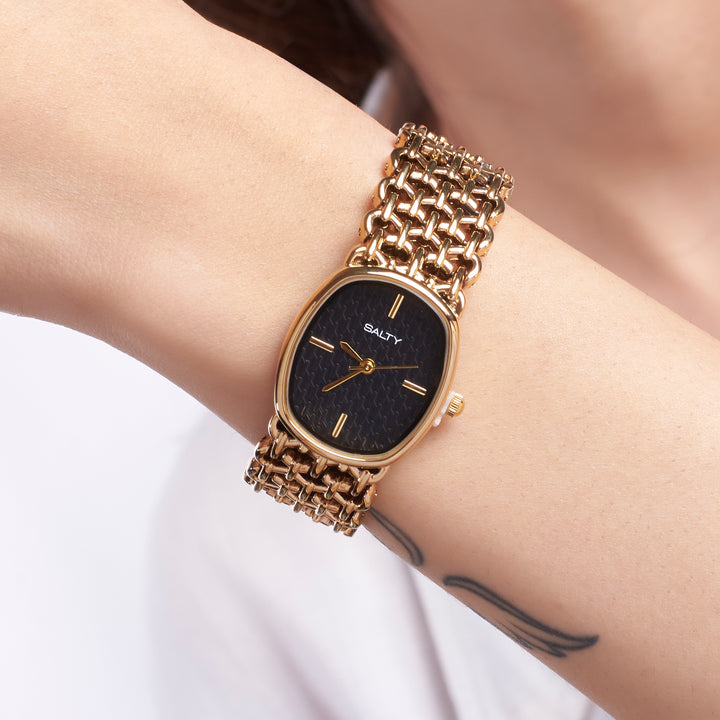 Oval Black Textured Dial Mesh Bracelet Watch for Women