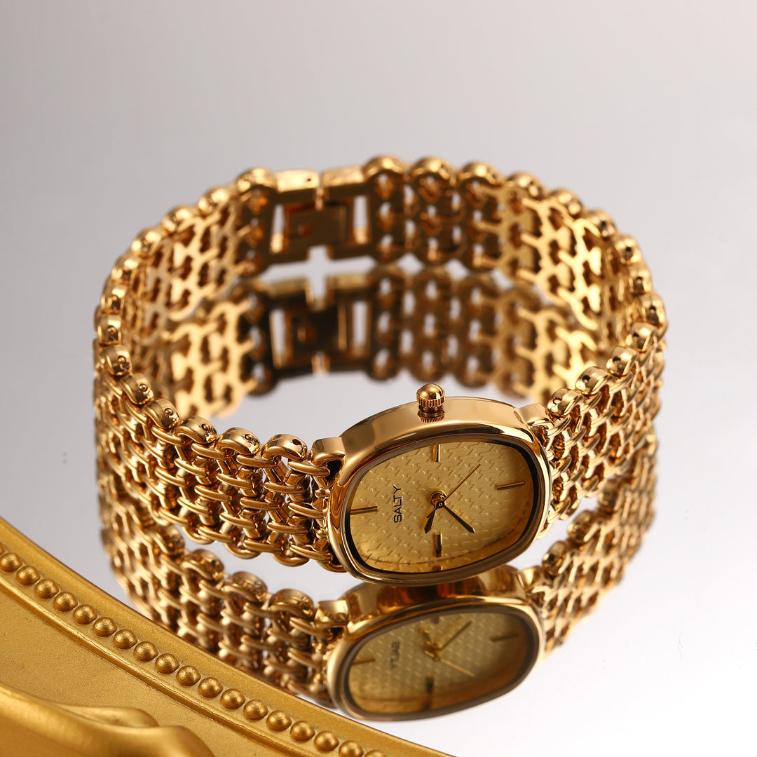 Oval White Textured Dial Mesh Bracelet Watch for Women
