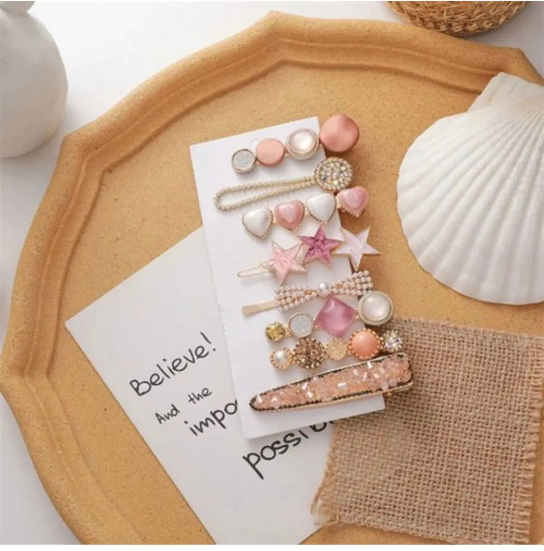 Studded Pearl Heart Set of 8 Hair Clips for Women