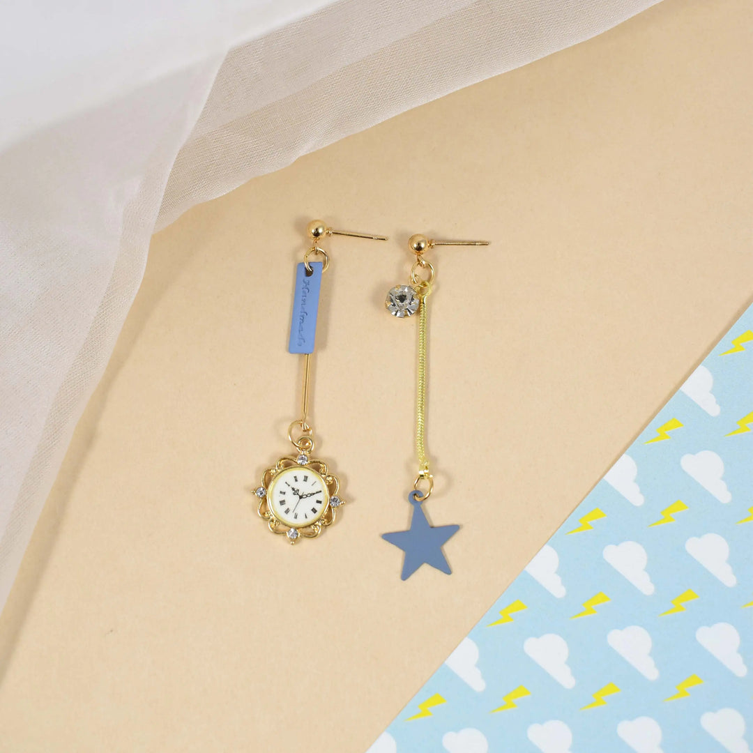 Asymmetrical Clock and Star Long Drop Earrings