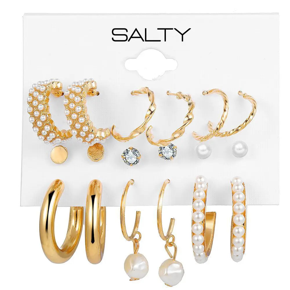 Set of 9 Gold Chunky Real Freshwater Pearl Hoops and Studs