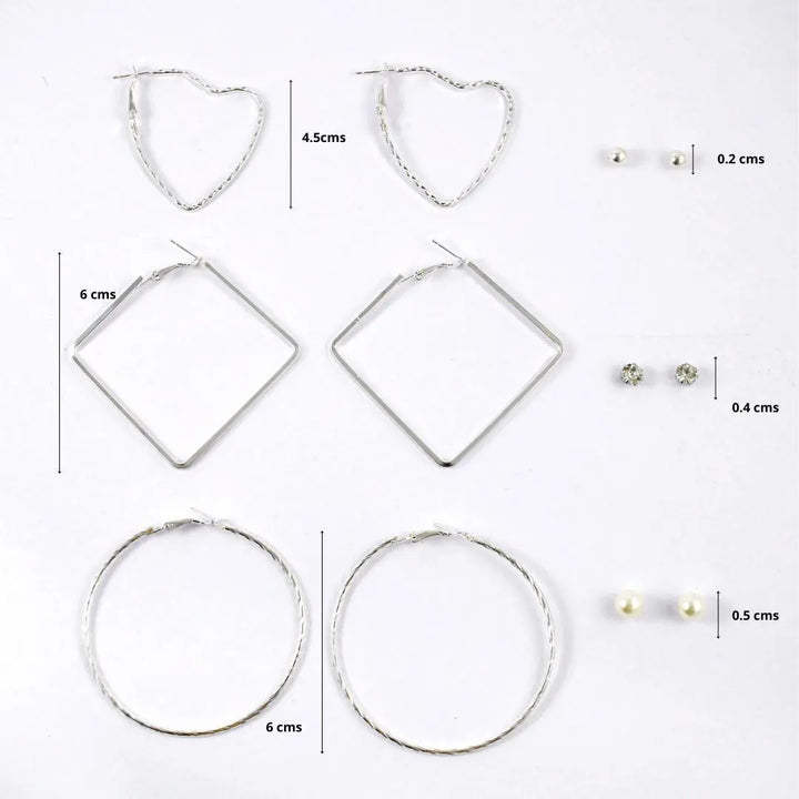 Set of 6 Heart Diamond Hoop Textured Earrings - Silver with Rhinestone and Pearl Studs | Salty