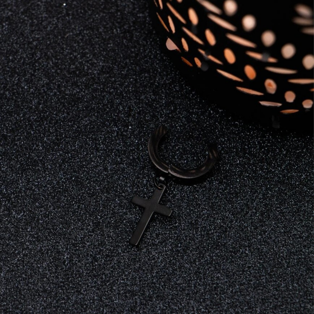 Non-pierced Cross Black Earrings