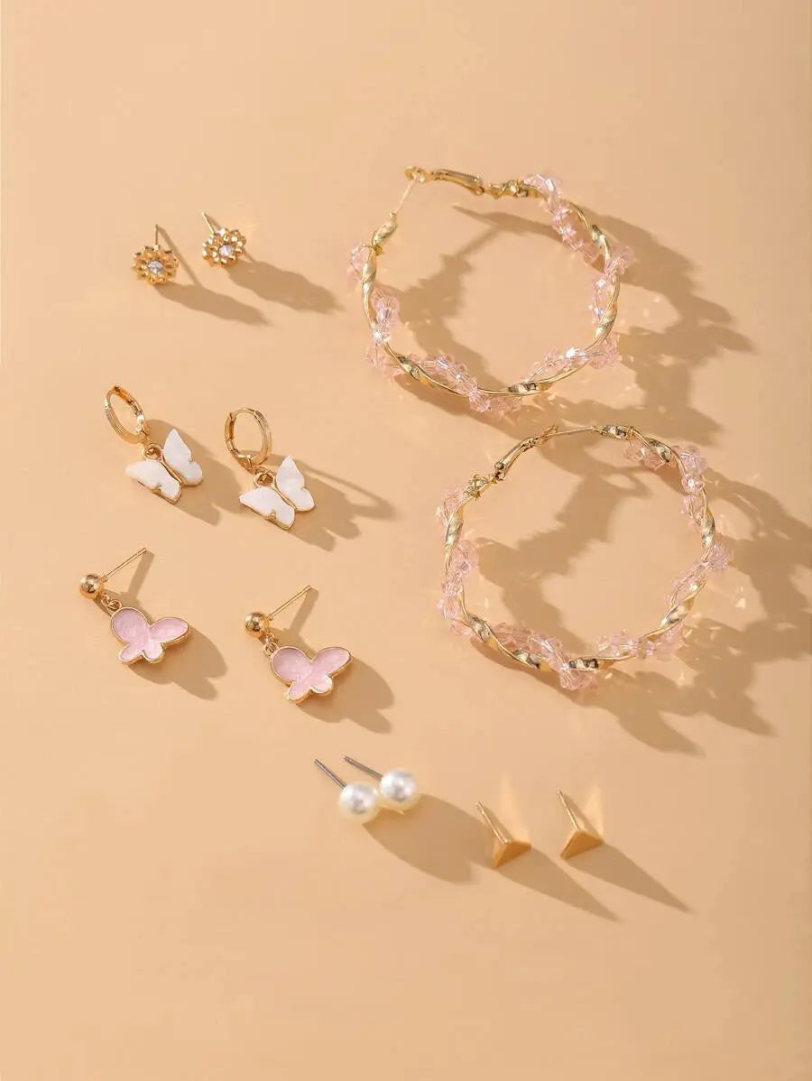 Set of 6 Pink Hoops and Butterfly Earrings and Studs - Salty Accessories