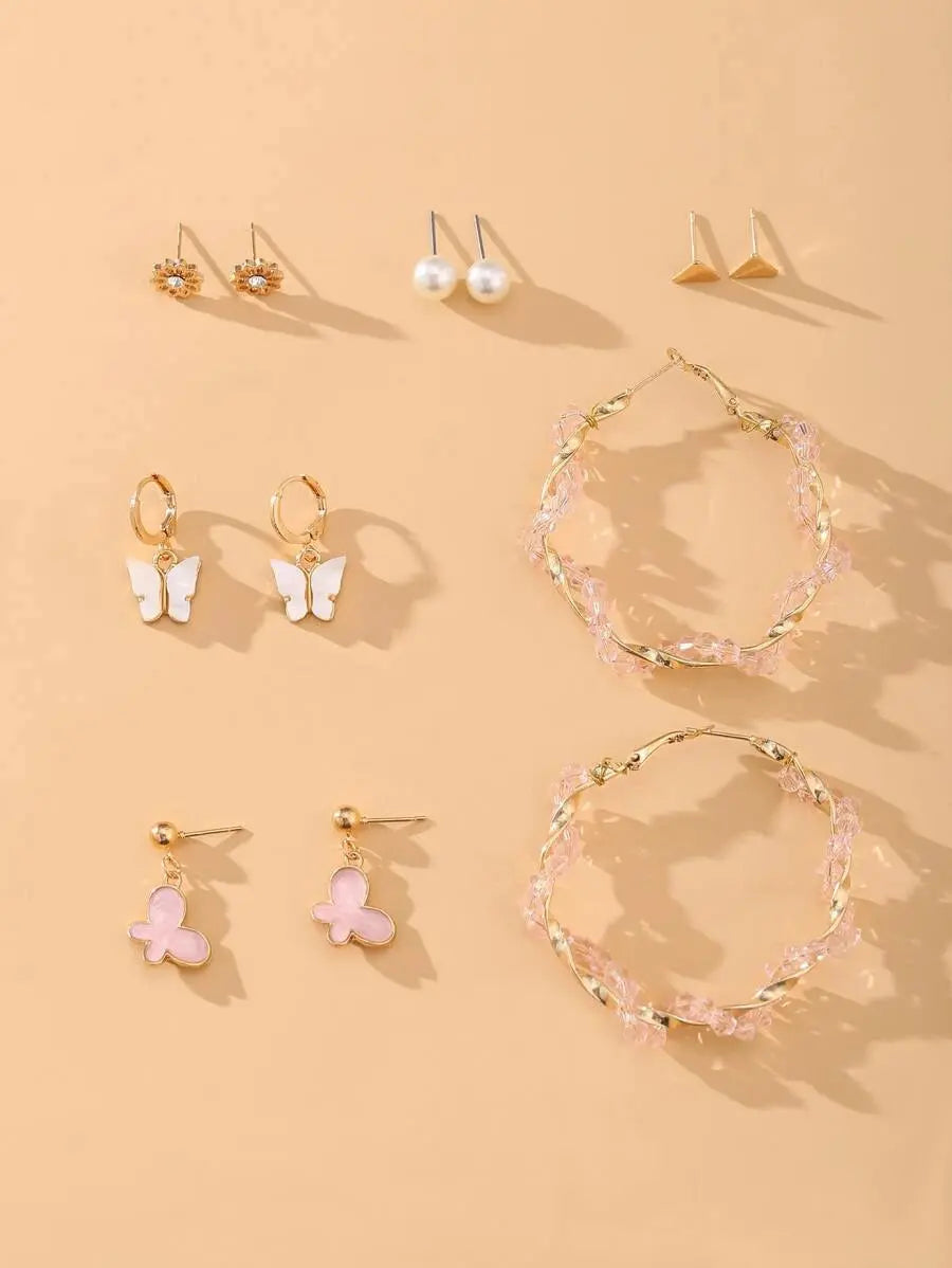 Set of 6 Pink Hoops and Butterfly Earrings and Studs - Salty Accessories