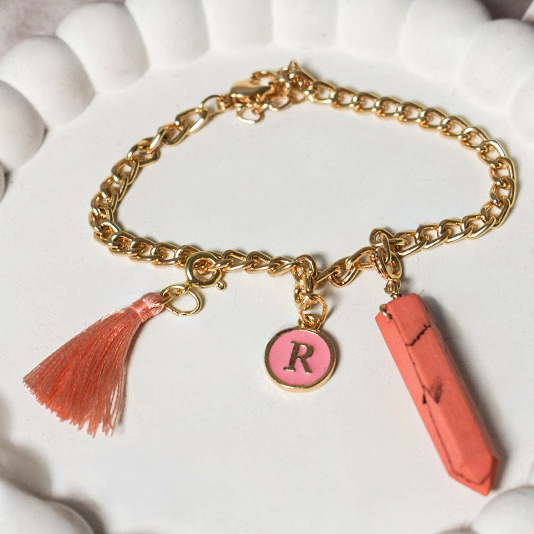 Salty Personalised Charm Bracelet With Pink Alphabet , Tassel and Manifestation Stone Salty