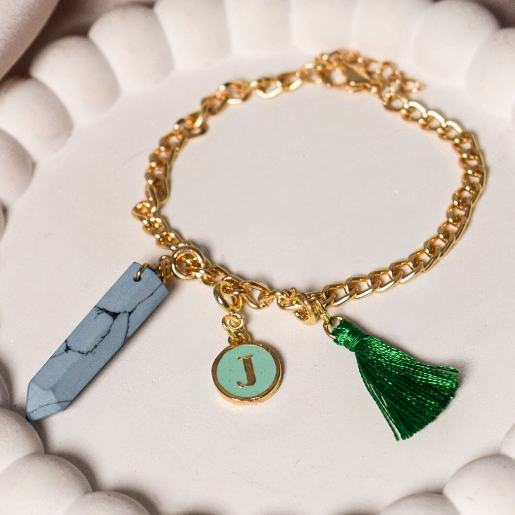 Salty Personalised Charm Bracelet With Green Alphabet , Tassel and Manifestation Stone Salty