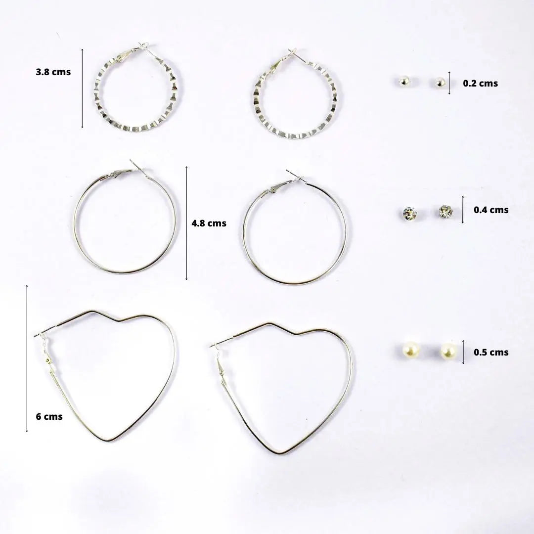 Set of 6 Heart Round Hoop Textured Earrings - Silver with Rhinestone and Pearl Studs | Salty