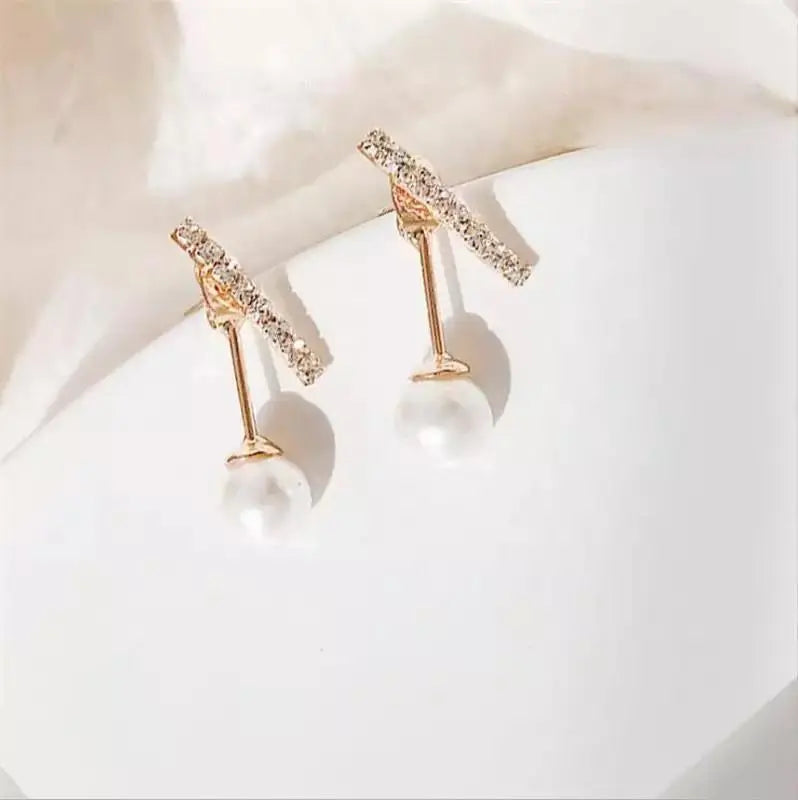 2-in-1 Zircon Studded Pearl Drop Front and Back Earrings - Gold