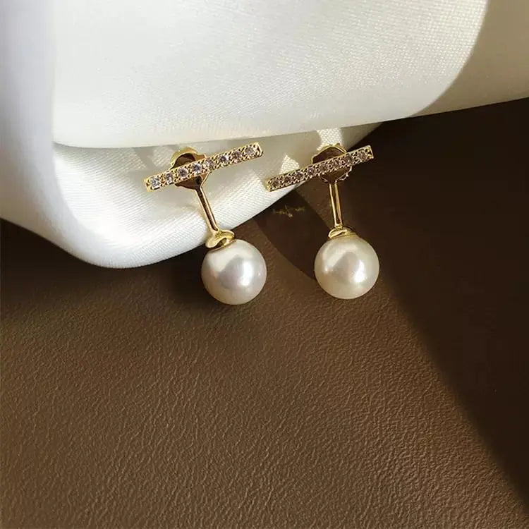 2-in-1 Zircon Studded Pearl Drop Front and Back Earrings - Gold
