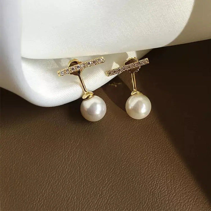 2-in-1 Zircon Studded Pearl Drop Front and Back Earrings - Gold