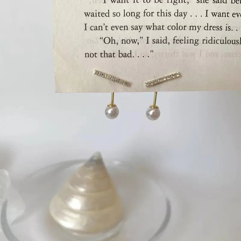 2-in-1 Zircon Studded Pearl Drop Front and Back Earrings - Gold