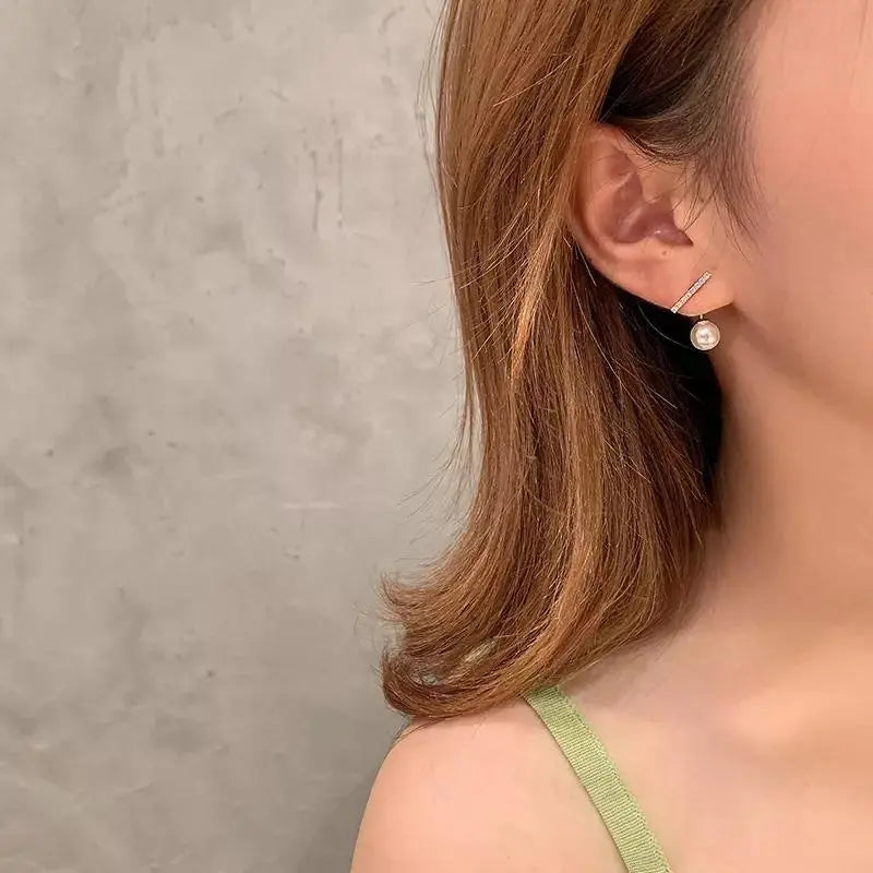 2-in-1 Zircon Studded Pearl Drop Front and Back Earrings - Gold