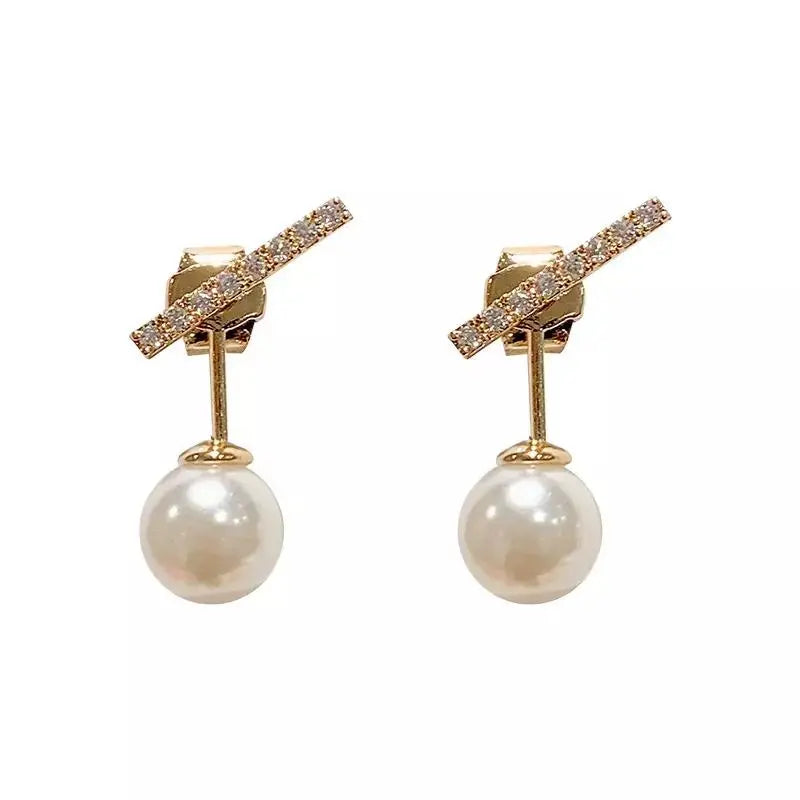 2-in-1 Zircon Studded Pearl Drop Front and Back Earrings - Gold