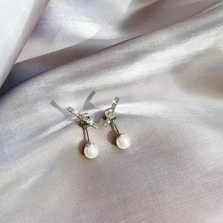 2-in-1 Zircon Studded Pearl Drop Front and Back Earrings - Silver