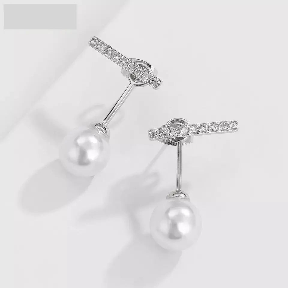 2-in-1 Zircon Studded Pearl Drop Front and Back Earrings - Silver