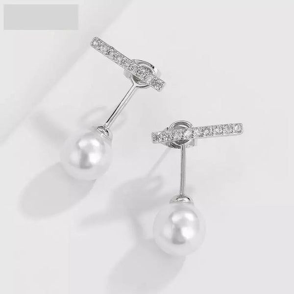 2-in-1 Zircon Studded Pearl Drop Front and Back Earrings - Silver