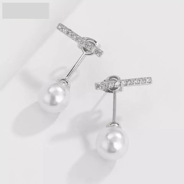 2-in-1 Zircon Studded Pearl Drop Front and Back Earrings - Silver