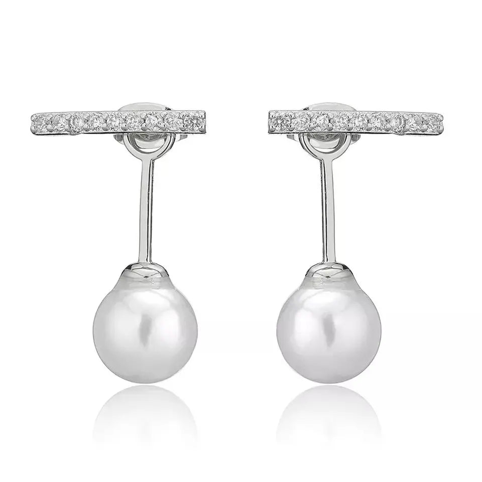 2-in-1 Zircon Studded Pearl Drop Front and Back Earrings - Silver | Salty