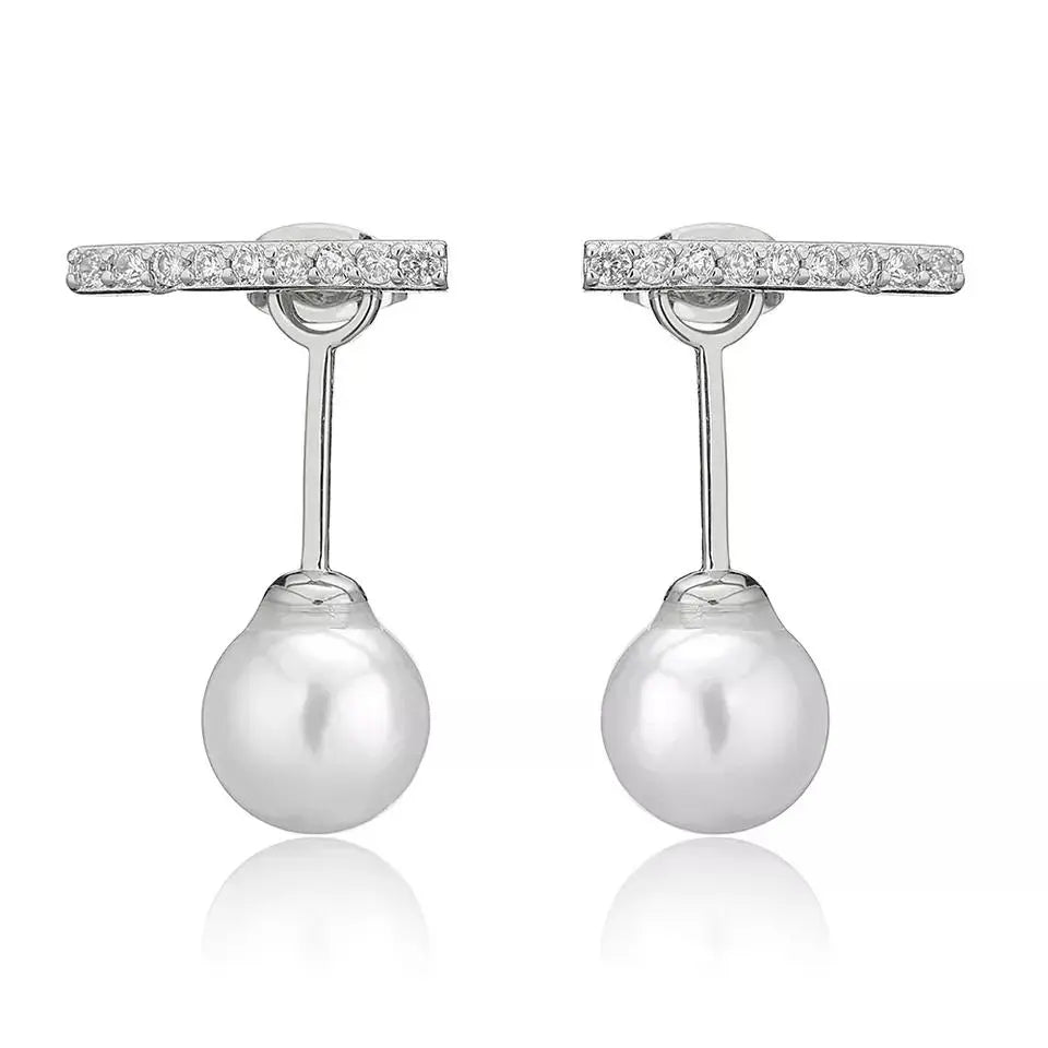 2-in-1 Zircon Studded Pearl Drop Front and Back Earrings - Silver