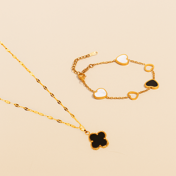 Midnight Hearts and Clover Necklace and Bracelet Combo