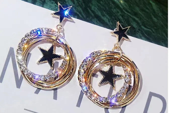 Double Star Black Enamel Circle Earrings