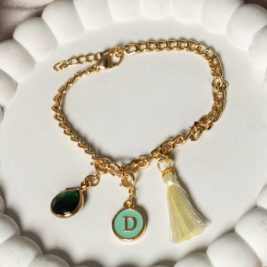 Salty Personalised Charm Bracelet With Green Alphabet , Tassel and Gemstone Salty