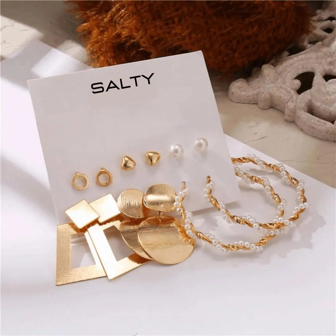 Set of 6 Gold Block Studs and Earrings | Salty