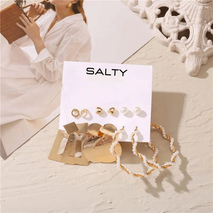 Set of 6 Gold Block Studs and Earrings | Salty