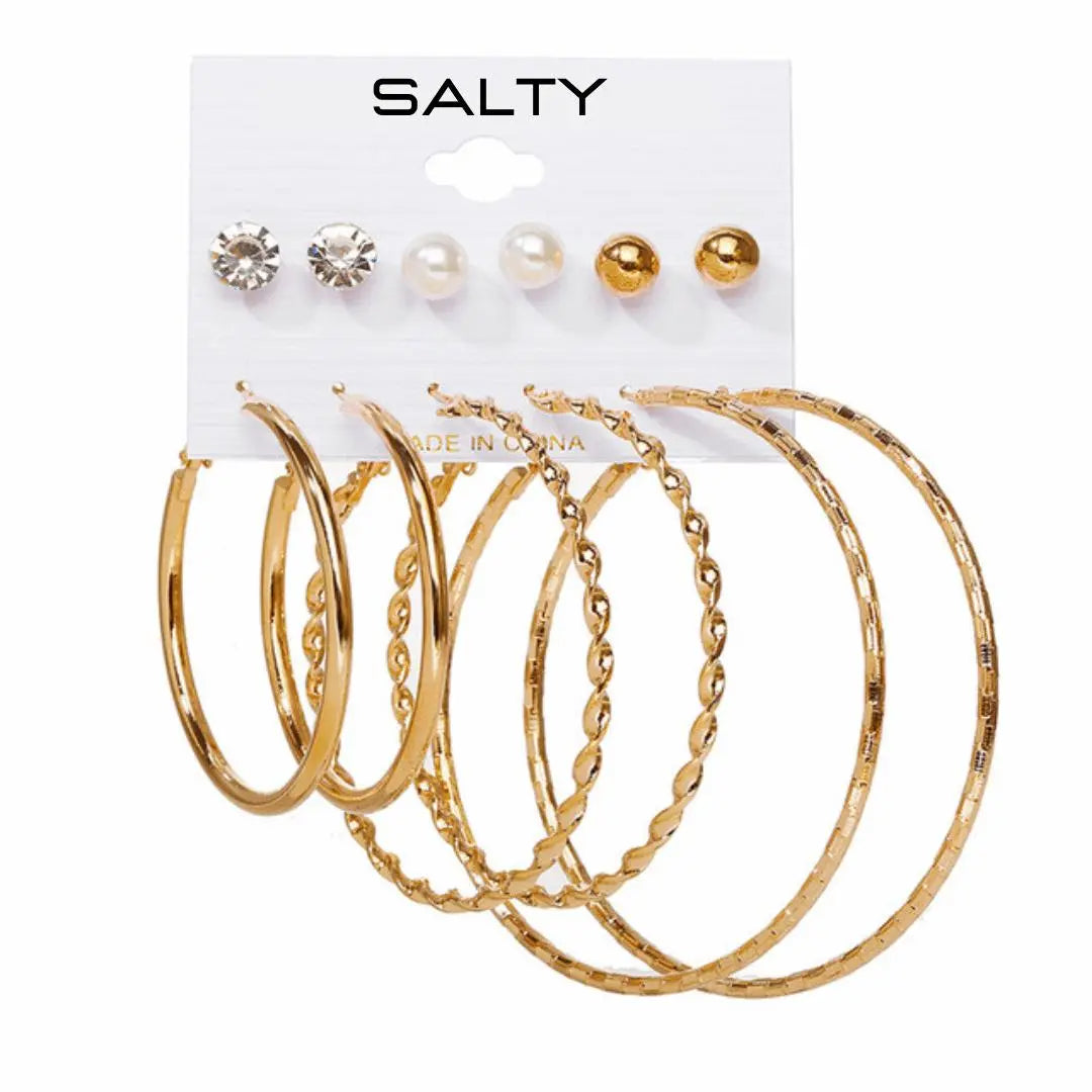 Set of 6 Round Circle Hoop Textured Earrings - Gold with Rhinestone and Pearl Studs | Salty