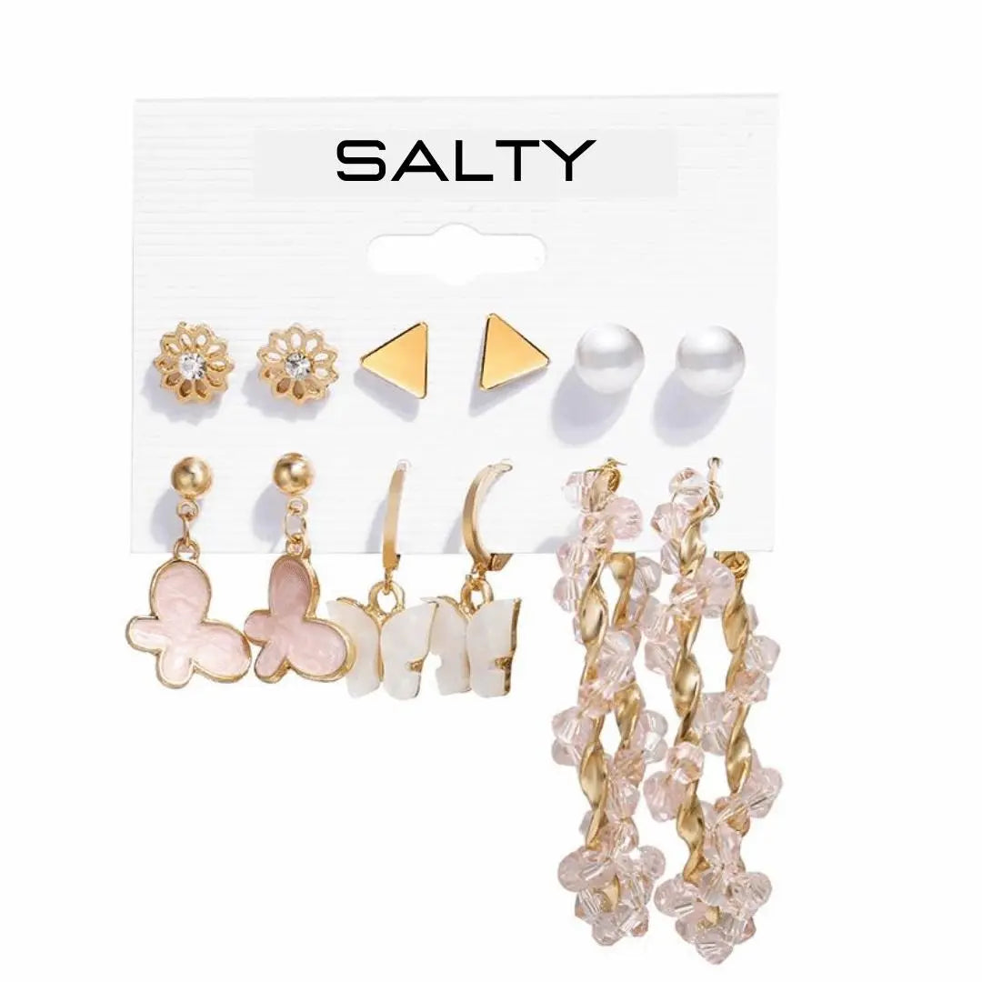 Set of 6 Pink Hoops and Butterfly Earrings and Studs | Salty