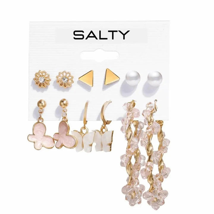 Set of 6 Pink Hoops and Butterfly Earrings and Studs - Salty Accessories