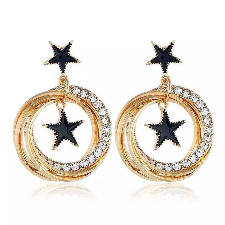Double Star Black Enamel Circle Earrings