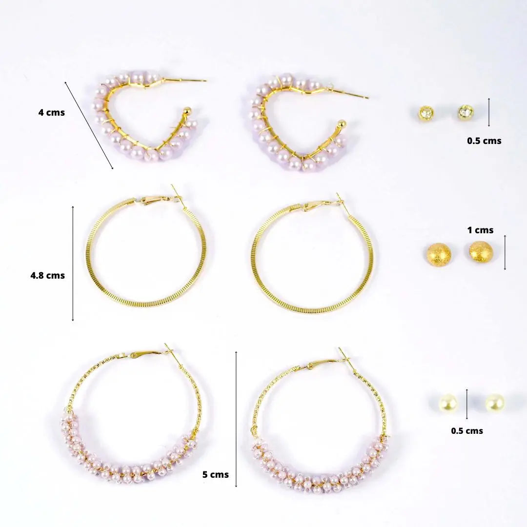 Set of 6 Pearl Hoop Round Heart Earrings and Studs | Salty