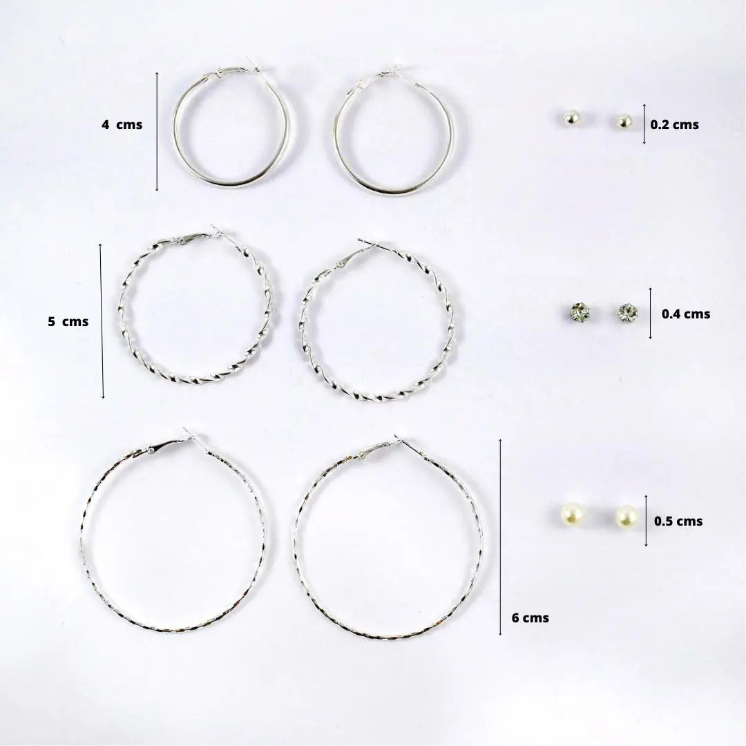 Set of 6 Round Circle Hoop Textured Earrings - Silver with Rhinestone and Pearl Studs | Salty