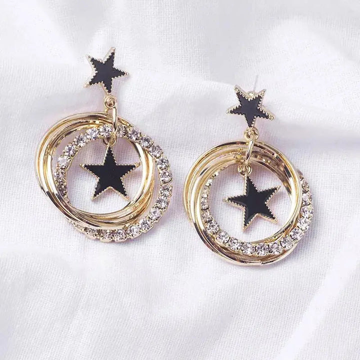 Double Star Black Enamel Circle Earrings