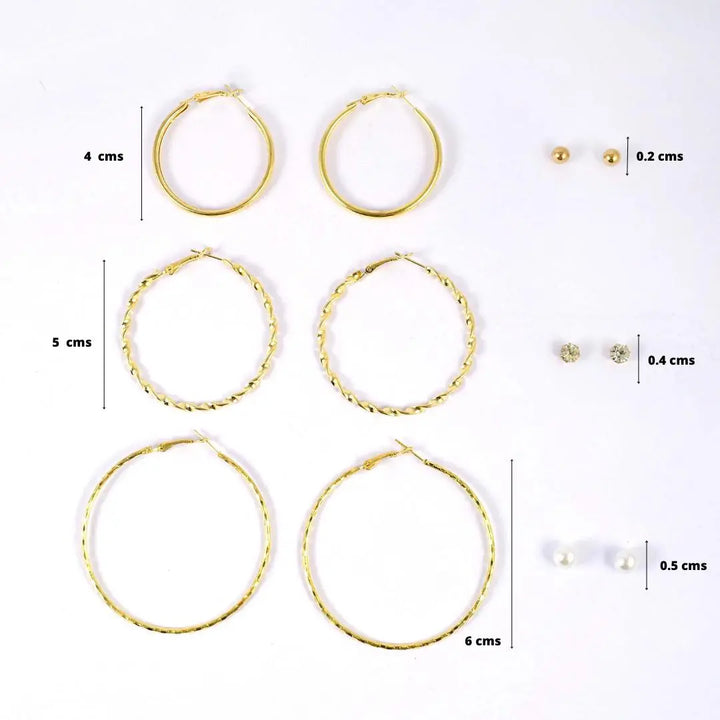 Set of 6 Round Circle Hoop Textured Earrings - Gold with Rhinestone and Pearl Studs | Salty