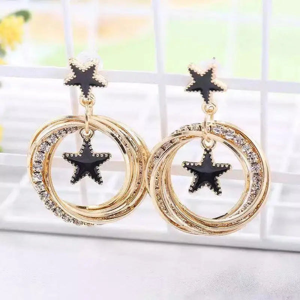 Double Star Black Enamel Circle Earrings